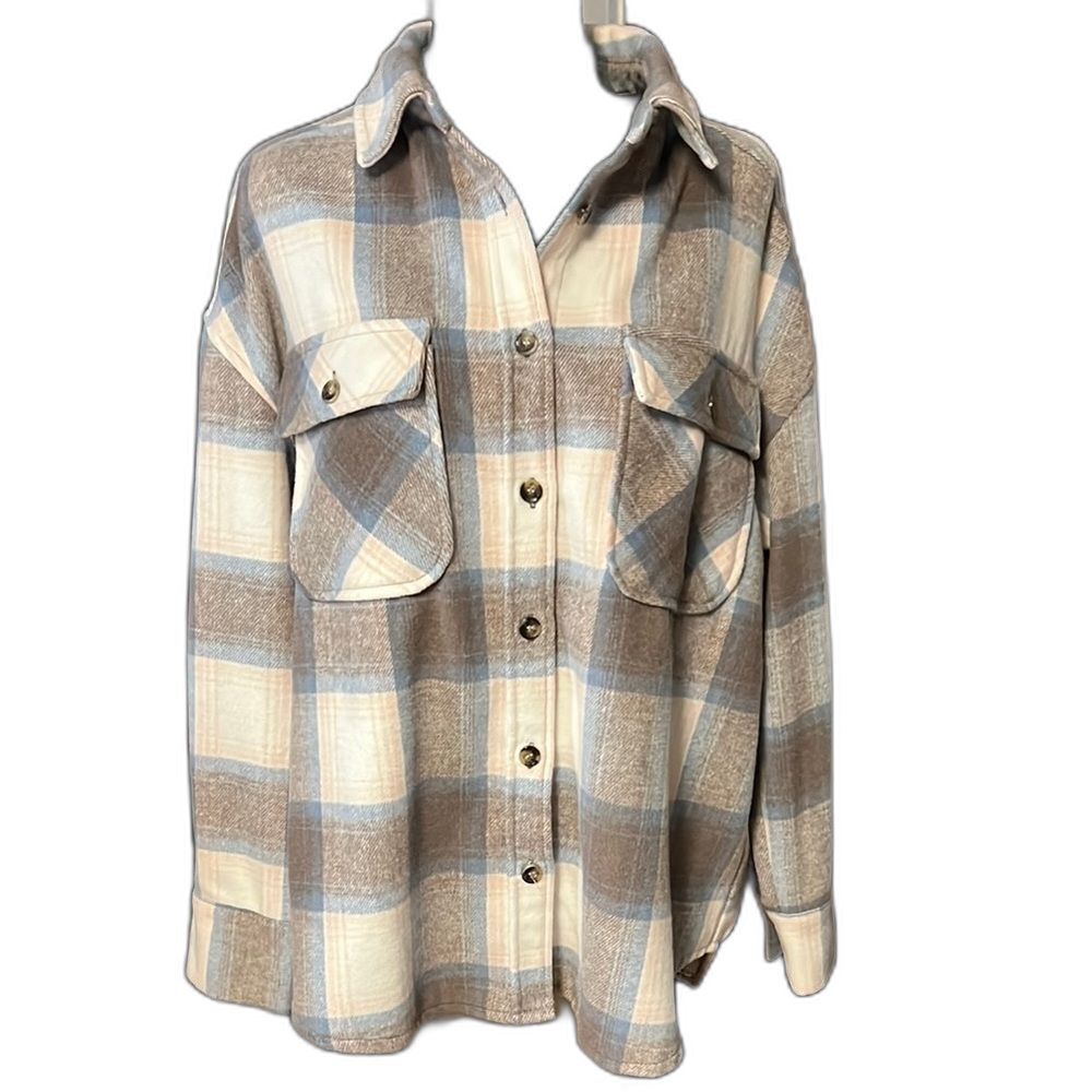 Oversized Blue and Cream Utility Jacket/Shacket. Size Medium